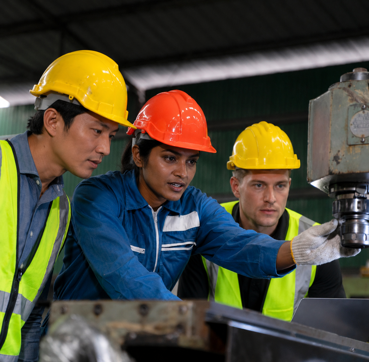 White woman, East Indian man, and Chinese man in professional work attire